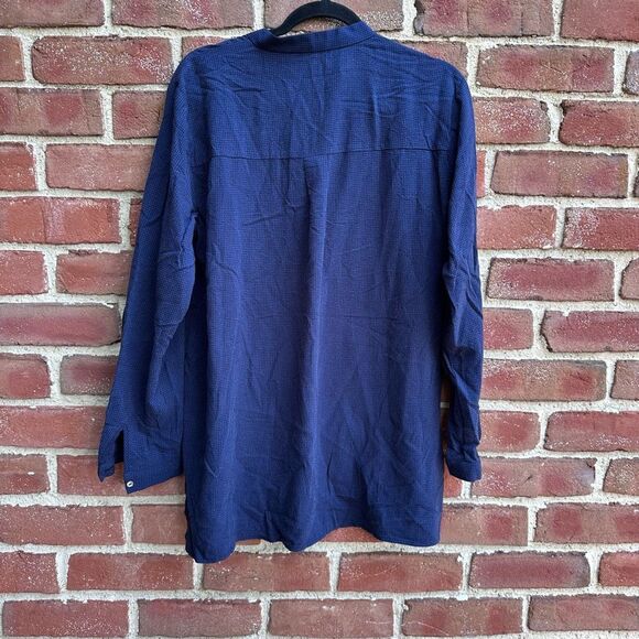 Eileen Fisher $178 Mini Check Crepe Mandarin Collar Top navy blue Large - Picture 12 of 13
